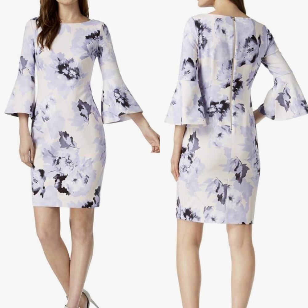 Calvin Klein Floral Cream & Purple Print Bell Sleeve Sheath Dress